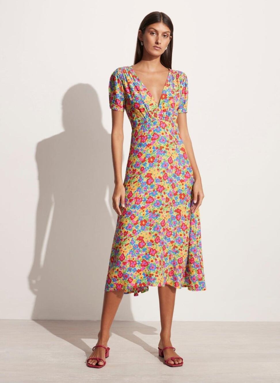 Faithfull The Brand Raphaela Midi Dress La Fortuna Floral V Neck Short Sleeve 4
